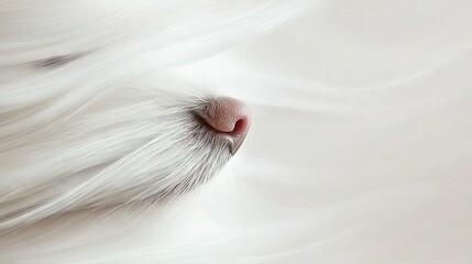   A close-up photo of a purebred white dog's face with long flowing white fur