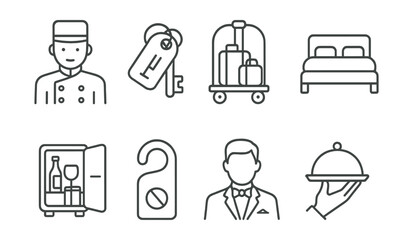 Hotel and transport icons set – concierge, key, luggage, bed, minibar, do not disturb, guest, room service