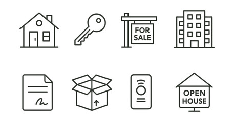 Essential real estate icon set – house, key, sale sign, building, contract, box, doorbell, open house
