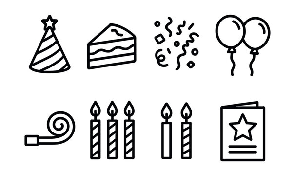 Linear birthday icons set – cake, balloons, candles, hat, confetti, card, whistle