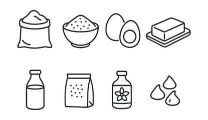 Essential baking ingredients icons set – flour, sugar, eggs, butter, milk, salt, vanilla, chocolate chips