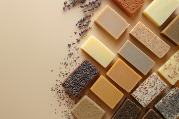 Various Handcrafted Soaps Arranged Artistically With Lavender and Herbs on a Neutral Background