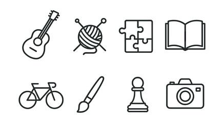 Obraz premium Diverse hobby icons set – music, knitting, puzzle, reading, cycling, painting, chess, photography