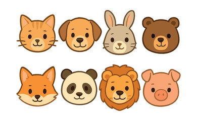 Adorable animal face icons set – cat, dog, rabbit, bear, fox, panda, lion, pig