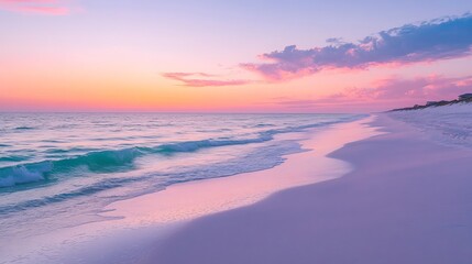 Serene pink sunset beach landscape soft waves ocean view sky sea sand calm shore coast water image
