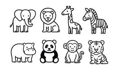 Zoo animals icons set – elephant, lion, giraffe, zebra, hippo, panda, monkey, tiger