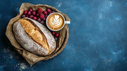  A loaf of bread, raspberries, and a cup of cappuccino on a blue surface