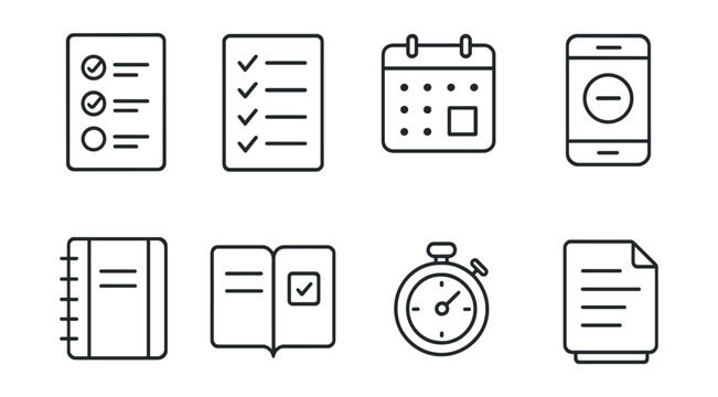 Minimal productivity icons set – checklist, calendar, mobile, notebook, stopwatch