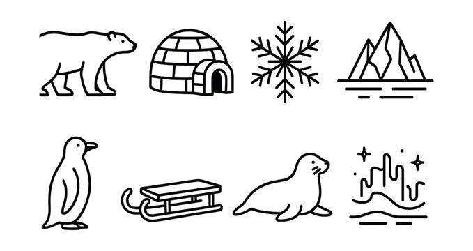 Arctic themed line icons set &ndash; polar bear, igloo, snowflake, mountains, penguin, sled, seal, northern lights
