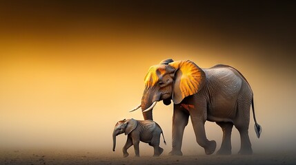 Fototapeta premium Two elephants stand beside one another atop a parched grassy field under a vibrant yellow sky