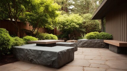 Modern garden with a stone patio. the patio is made of light-colored tiles and is surrounded by a variety of plants and trees.