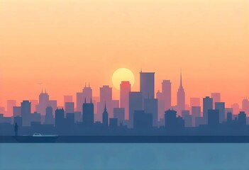 Naklejka premium Minimalist City Skyline Vector at Sunset