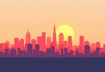 Naklejka premium Minimalist City Skyline Vector at Sunset