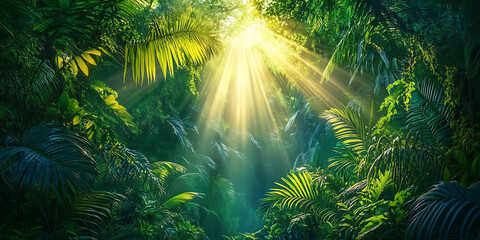 Fototapeta premium Sunlight shining through dense tropical jungle foliage