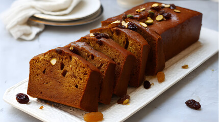 Sliced Honey Spiced Cake Arranged on Elegant White Plate with Dried Fruits and Almonds for Dessert Display