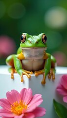 Obraz premium Frog sitting on white panel with flowers , water feature, frog perched, greenery
