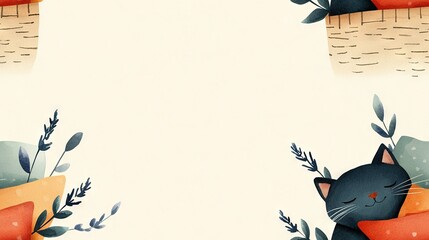   A photo of a black cat on a red cushion with a basket full of leaves and branches surrounding it