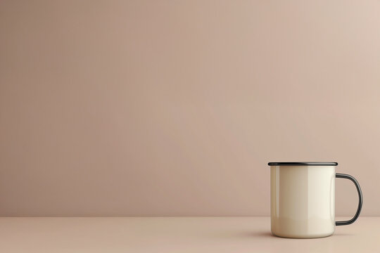 Mock-up de tasse blanche en m&eacute;tal &eacute;maill&eacute; avec anse noire sur fond beige uni avec espace n&eacute;gatif copyspace, concept minimaliste pour design de produit, branding ou pr&eacute;sentation de boisson chaude.