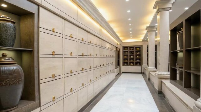 Elegant columbarium interior with urns and peaceful ambiance  