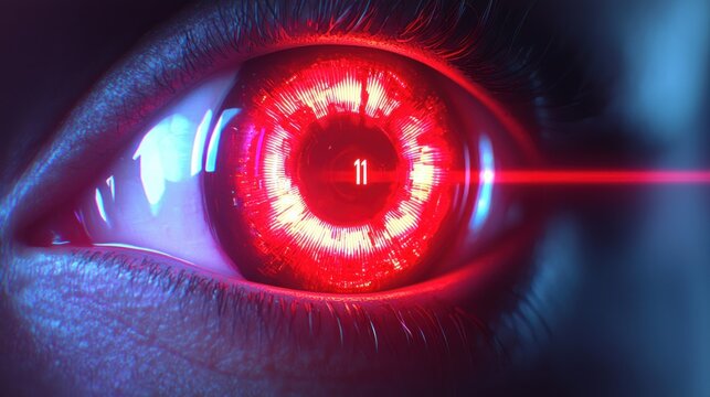 Cybernetic eye, glowing red with internal circuits - Powered by Adobe