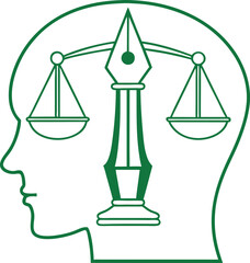 Minimalist green vector design of a human head profile with a fountain pen nib and scale of justice on white background