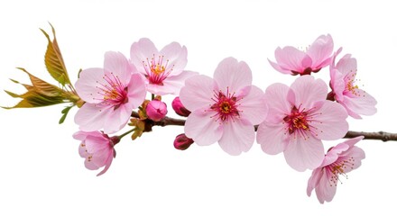 Naklejka premium A branch of cherry blossoms with pink petals and yellow stamens on a white background in full bloom