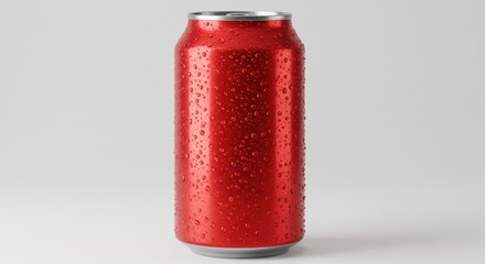 A shiny red aluminum can with water droplets on a white background in a studio setting neutral lighting