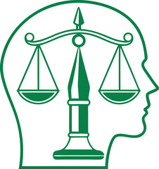 Minimalist green vector design of a human head profile with a fountain pen nib and scale of justice on white background
