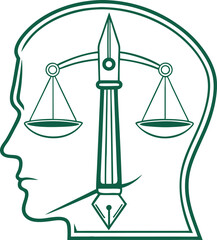 Minimalist green vector design of a human head profile with a fountain pen nib and scale of justice on white background