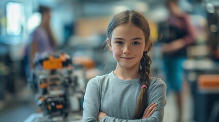 Confident young girl with braided hair standing proudly in a creative workshop surrounded by innovative robotics projects showcasing future technology and learning