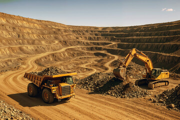Yellow mining excavator and heavy haul truck working together in large open pit quarry under bright afternoon sunlight