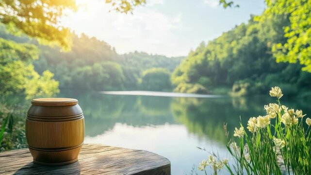 Tranquil lake scene with wooden jar and blooming flowers  