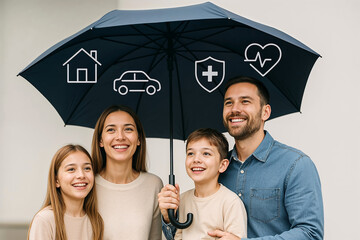 Happy family standing under umbrella with insurance protection icons for home car health and life security concept