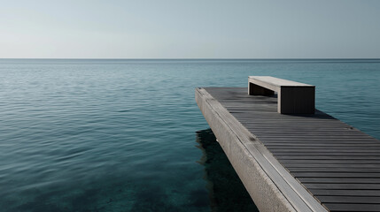 Tranquil dock extending into calm blue waters by the horizon