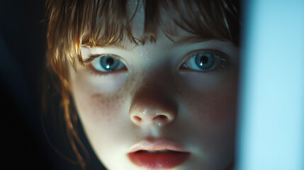 A young child with bright blue eyes and freckles looks curiously from behind a partially open door in a dimly lit room. Soft light highlights the child's features, capturing a moment of intrigue