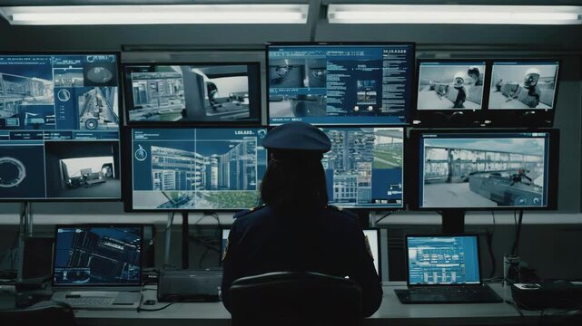 Security Guard Monitoring Multiple Screens in Control Room