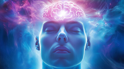 A person sits in a meditative pose, eyes closed, in a vibrant cosmic environment. A radiant brain above their head symbolizes deep concentration, creativity, and inner peace during contemplation