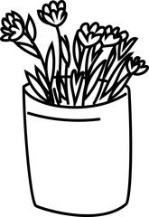 Hand-drawn line art illustration of a hanging potted plant, minimalist black and white style for home decoration and botanical art.