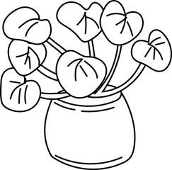 Hand-drawn line art illustration of a hanging potted plant, minimalist black and white style for home decoration and botanical art.