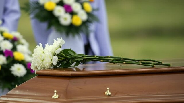 Funeral flowers placed on a wooden coffin at a graveside  