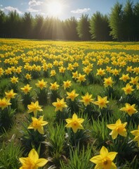 Fototapeta premium Blazing yellow daffodils carpet sunny spring field Lush green backdrop , sun, carpet