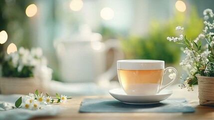 Fototapeta premium A cup of tea sits atop a table beside a potted plant and another potted plant
