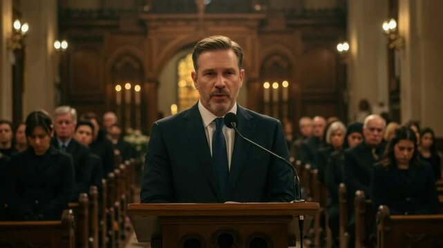 Man delivering eulogy in somber church setting  