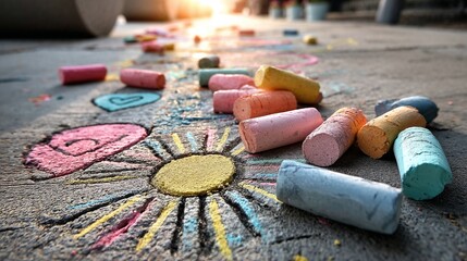 Children’s Day chalk drawings with colorful chalk on pavement