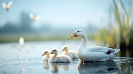 Fototapeta premium A group of white ducks is floating on the top of a lake, surrounded by a cluster of smaller white ducks