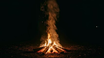 Burning campfire with smoke and sparks at night. Warm fire pit flame and embers video. Outdoor heat source visual for survival or camping concepts. - Powered by Adobe