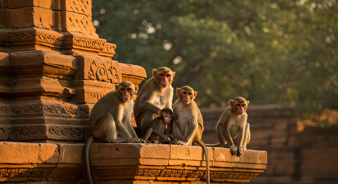 Group of monkeys with baby on ancient stone structure, perfect for travel, wildlife, and historical content