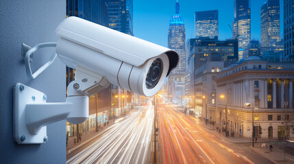 A security camera is mounted on a building, capturing the vibrant energy of city traffic at night, illuminated by streetlights and the glow of nearby skyscrapers
