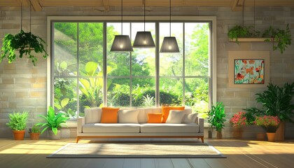 Fototapeta premium Sunlit living room with large window, white couch, orange pillows, potted plants, and stone wall.