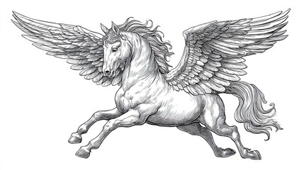 Obraz premium Sketch engraving of mythological Pegasus horse with large detailed wings in mid gallop on white background